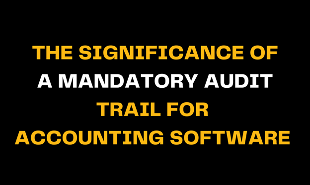 On a black background, the phrase 'The Significance of a Mandatory Audit Trail for Accounting Software' appears in large white and yellow text, underlining the importance of mandatory audits in financial systems