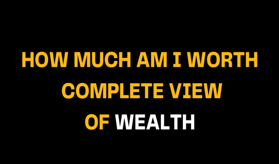 A black background with the bold question 'How Much Am I Worth' and 'Complete View of Wealth' in yellow, suggesting a deep exploration of personal value and wealth assessment.