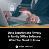 Business professional using laptop with digital security login screen, emphasizing data security and privacy in Family Office Software by Asset Vantage for protecting sensitive financial information.