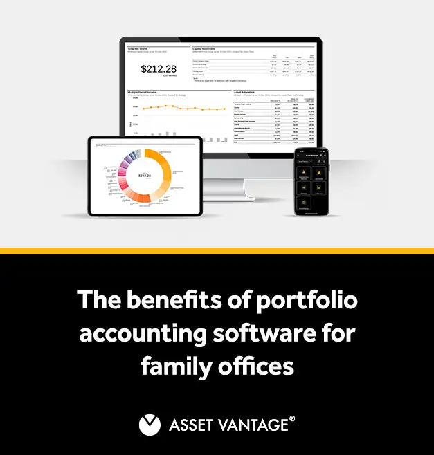 Computer, tablet, and smartphone screens displaying financial dashboards and charts, showcasing the benefits of portfolio accounting software that helps family offices manage assets efficiently.