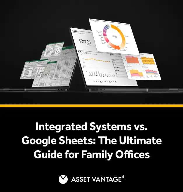 Two laptops display data dashboards and spreadsheets comparing integrated systems and Google Sheets, highlighting insights for family offices on the better choice for efficient wealth management.