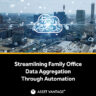 Cloud computing visual with data icons connected to a city skyline, representing streamlining family office data aggregation through automation and modern digital transformation.