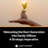 Hand holding a small plant growing from a money bag under sunlight, symbolizing next-generation growth and sustainability in family offices, reflecting Asset Vantage’s strategic wealth management vision