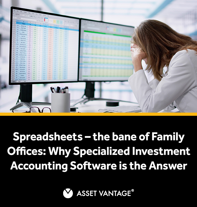 A person appears frustrated while looking at complex spreadsheets on dual monitors, highlighting the challenges family offices face with traditional tools and the need for specialized investment accounting software