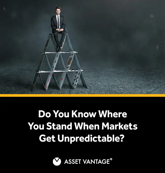 Man in a suit sitting atop a precariously stacked pyramid of playing cards, symbolizing the instability of markets. The image asks, 'Do you know where you stand when markets get unpredictable?