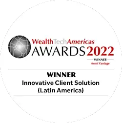 Prestigious WealthTech Americas Awards 2022 logo naming Asset Vantage winner in Innovative Client Solution for Latin America, honoring advanced wealthtech innovation and superior client experience.