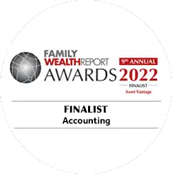 Family Wealth Report Awards 2022 finalist badge awarded to Asset Vantage in Accounting, recognizing innovation in automated wealth accounting, data accuracy, and financial management solutions.