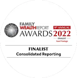 Recognition emblem from Family Wealth Report Awards 2022 highlighting Asset Vantage as finalist in Consolidated Reporting, celebrating innovation in unified reporting for family offices and firms.