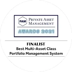 Official PAM Awards 2021 finalist emblem honoring excellence in multi-asset class portfolio management systems, reflecting Asset Vantage’s leadership in advanced family office investment technology.