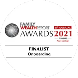 Family Wealth Report Awards 2021 badge showing Asset Vantage as a finalist in the Onboarding category, recognizing innovation and excellence in digital transformation for wealth management firms.