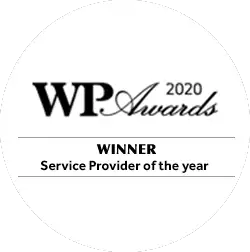 Service Provider of the Year accolade displayed on the WP Awards 2020 logo, highlighting superior client service, innovation, and leadership in the competitive services sector.
