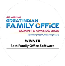 Great Indian Family Office Summit & Awards 2025 winner badge showcasing Best Family Office Software, honoring excellence in wealth management, technology, and family office innovation.