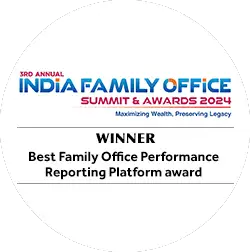 Winner badge from the 3rd Annual India Family Office Summit & Awards 2024 recognizing Best Family Office Performance Reporting Platform with focus on maximizing wealth and preserving legacy.