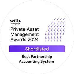 Shortlisted badge for the Private Asset Management Awards 2024, highlighting the Best Partnership Accounting System category by with Intelligence, featuring a purple and white design with rain-like patterns.