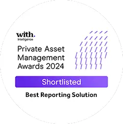 Shortlisted badge for the Private Asset Management Awards 2024, featuring the Best Reporting Solution category by with Intelligence, with a purple and white design and rain-like patterns.