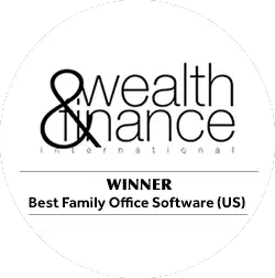 Badge from Wealth & Finance International naming winner of Best Family Office Software (US), highlighting recognition for innovation in wealth management, investment, and advisory services.