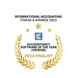 Gold laurel badge with stars reading ‘International Accounting Forum & Awards 2023 – Finalist Accountancy Software of the Year (Vendor),’ recognizing leadership in fintech and accounting tools.