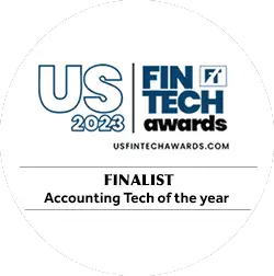 US FinTech Awards 2023 badge showing finalist recognition for Accounting Tech of the Year, celebrating excellence in financial technology and digital accounting software innovation.