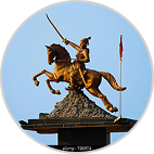 Equestrian statue of a warrior with raised sword in Pune, India, symbolizing valor. Located near Asset Vantage office at Smartworks, Koregaon Park Extension, Pune – 411036.