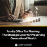 Man using calculator and smartphone at desk with financial icons and stacked coins, representing family office tax planning strategies for preserving generational wealth and reducing taxes