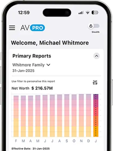 AV PRO mobile dashboard showing real-time net worth and portfolio insights