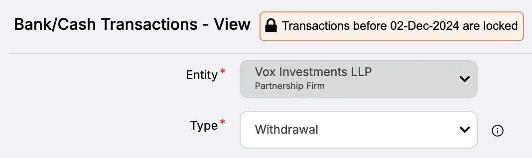 Bank and cash transactions screen showing locked periods to prevent changes to closed accounts