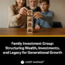 A family investment group symbolized by three generations stacking wooden blocks with wealth, growth, and finance icons, representing structured investments, governance, and legacy planning.