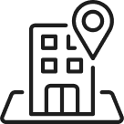 An icon representing a building with a location pin on a map, symbolizing the company's office locations and presence. This emphasizes the global reach and accessibility of the company's operations.