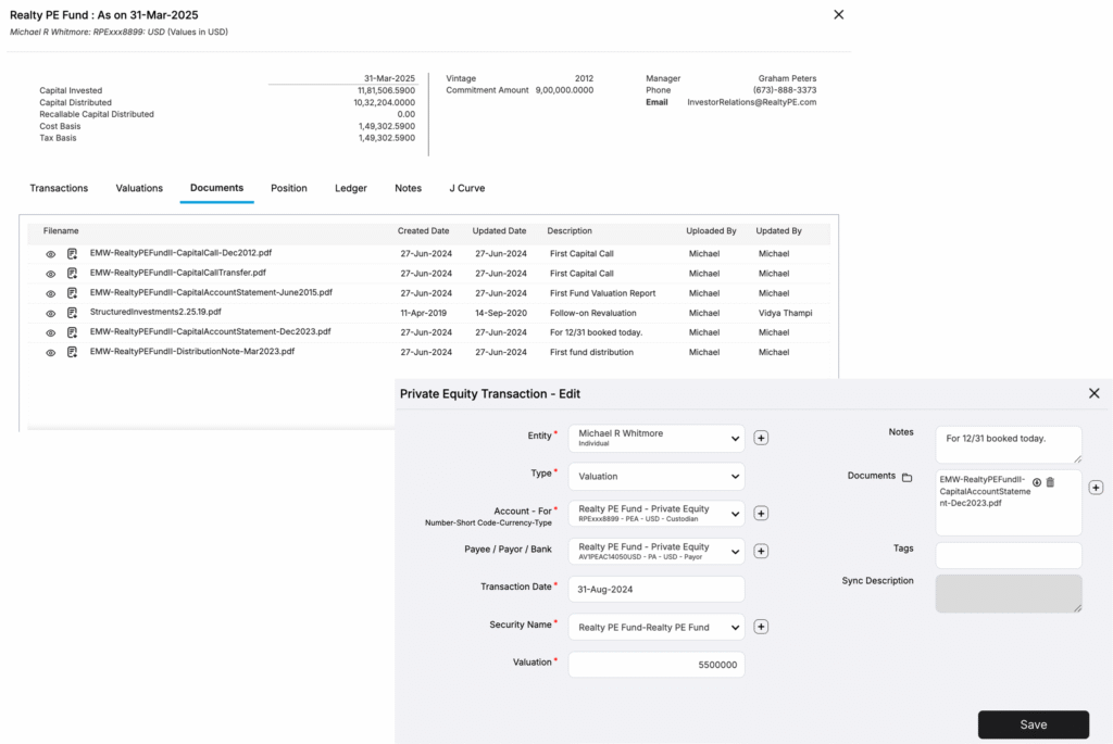 AV Document Vault interface showing secure document uploads and tagging, allowing users to easily store and retrieve investment documents linked to transactions and entities on-the-go.