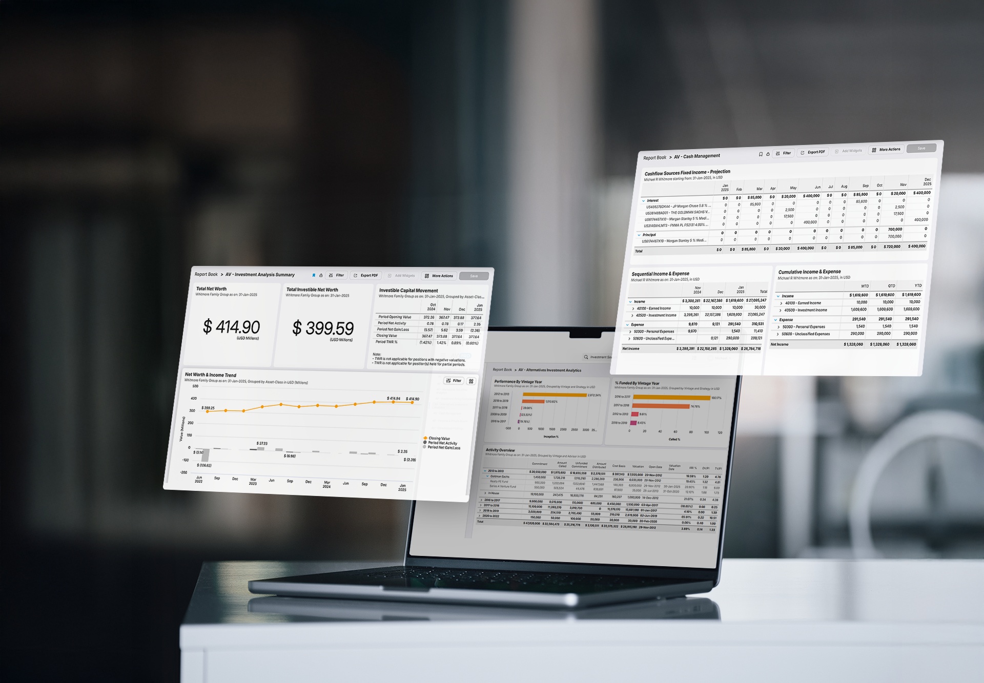 Laptop with financial reports on screen, including net worth and cash flow projections, highlighting Asset Vantage's ability to empower families with clear, actionable wealth management insights