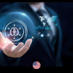 A tech entrepreneur in a suit showcases futuristic digital interfaces with global, brain, and data analytics icons, symbolizing the strategic transformation of a family office into a powerhouse