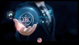 A tech entrepreneur in a suit showcases futuristic digital interfaces with global, brain, and data analytics icons, symbolizing the strategic transformation of a family office into a powerhouse