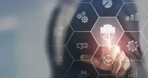 Futuristic business technology interface showing data and finance icons, highlighting how a Chicago accounting firm improved efficiency by replacing spreadsheets with integrated accounting software.