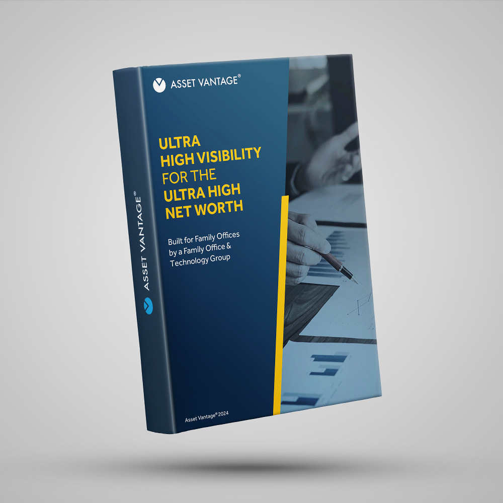 Asset Vantage whitepaper titled Ultra High Visibility for the Ultra High Net Worth, designed for family offices, showcasing a private cloud platform for automating portfolio reporting and accounting
